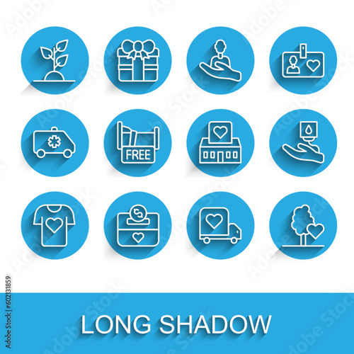 Set line Clothes donation, Donation and charity, Volunteer team planting trees, Delivery truck with heart, Free overnight stay house, Blood and center icon. Vector