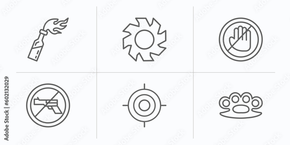 weapons outline icons set. thin line icons such as molotov cocktail, blade, no arms, no shooting, shooting target, brass knuckles vector. weapons outline icons set. thin line icons such as molotov cocktail, blade, no arms, no shooting, shooting target, brass knuckles vector.