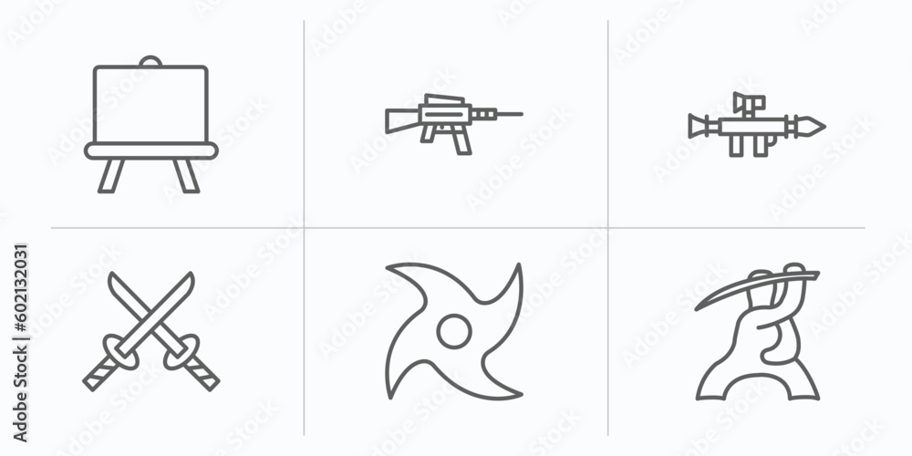 weapons outline icons set. thin line icons such as boards, hine gun, bazooka, 2 katanas, japanese shuriken, samurai vector.