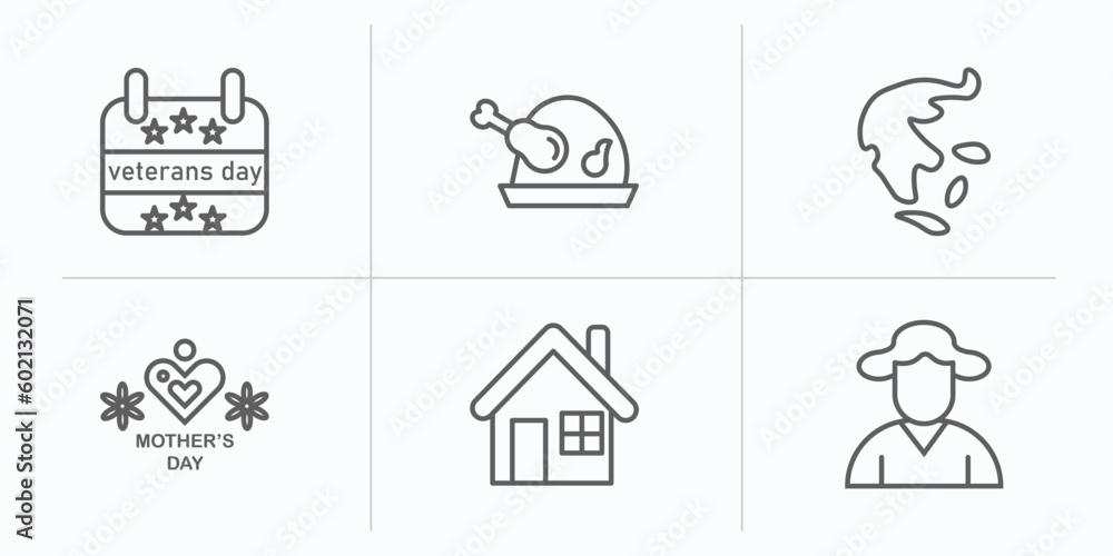 united states of america outline icons set. thin line icons such as veterans day, roasted turkey, pacific ocean, mother's day, white house, george washington vector.
