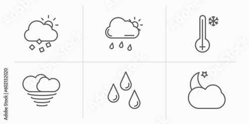weather outline icons set. thin line icons such as sprinkle weather, rainy day, freezing, typhoon, raindrops, cloudy night vector.