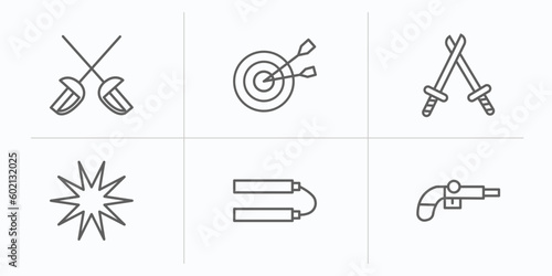 weapons outline icons set. thin line icons such as sabre, objetive, battle, burst, japanese nunchaku, musket vector.