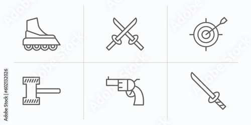 weapons outline icons set. thin line icons such as boarding, two katanas, dart board game, thor hammer, revolvers, katana with handle vector.