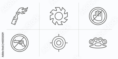 weapons outline icons set. thin line icons such as molotov cocktail, blade, no arms, no shooting, shooting target, brass knuckles vector.