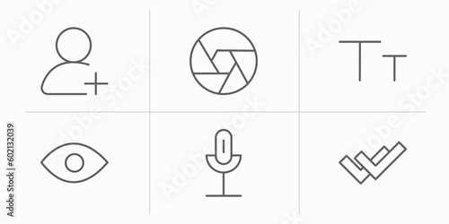 user interface outline icons set. thin line icons such as add user, , lowercase, visible, mic, double checking vector.