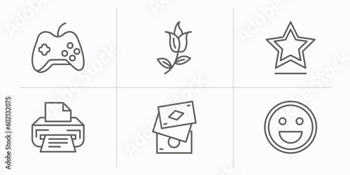 ultimate glyphicons outline icons set. thin line icons such as game controller cross, flower with leaves, star point, printer with paper, three cards, smiling face vector.