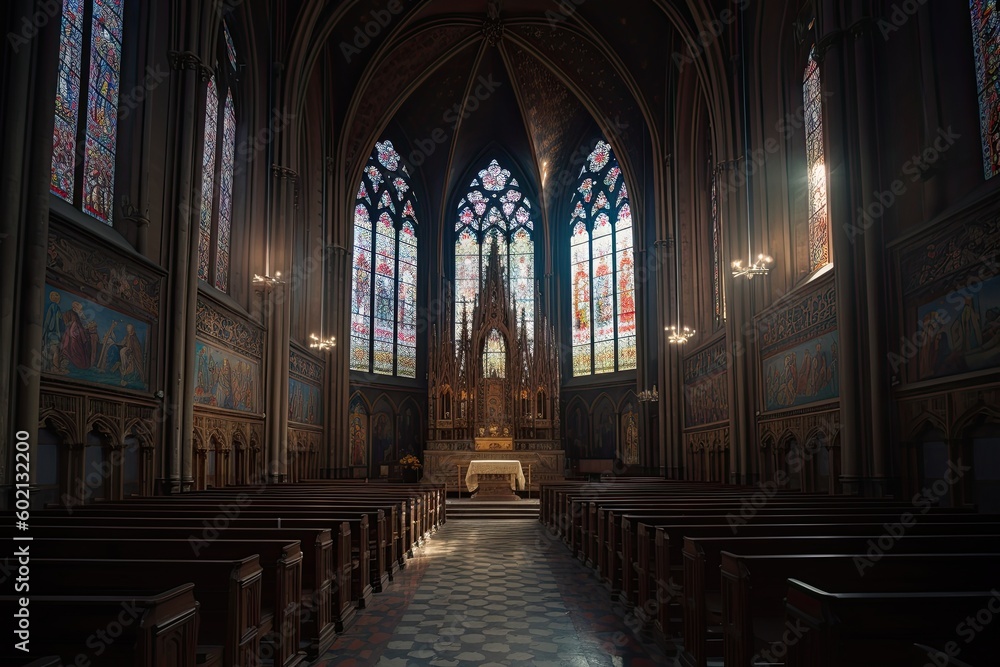 Beauty of Old Europa: Imposing Gothic Cathedral Interior with High Arched Nave, Altar and Richly Decorated Catholic Religion Building: Generative AI