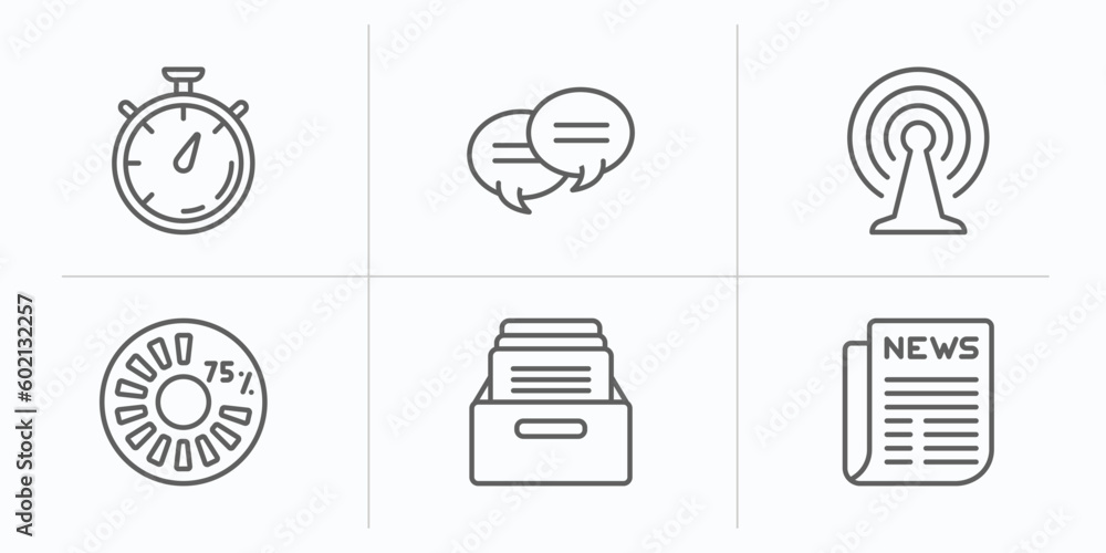 user interface outline icons set. thin line icons such as stopwatches, two chat bubbles, connection, round loading progress, office material, folded newspaper vector.