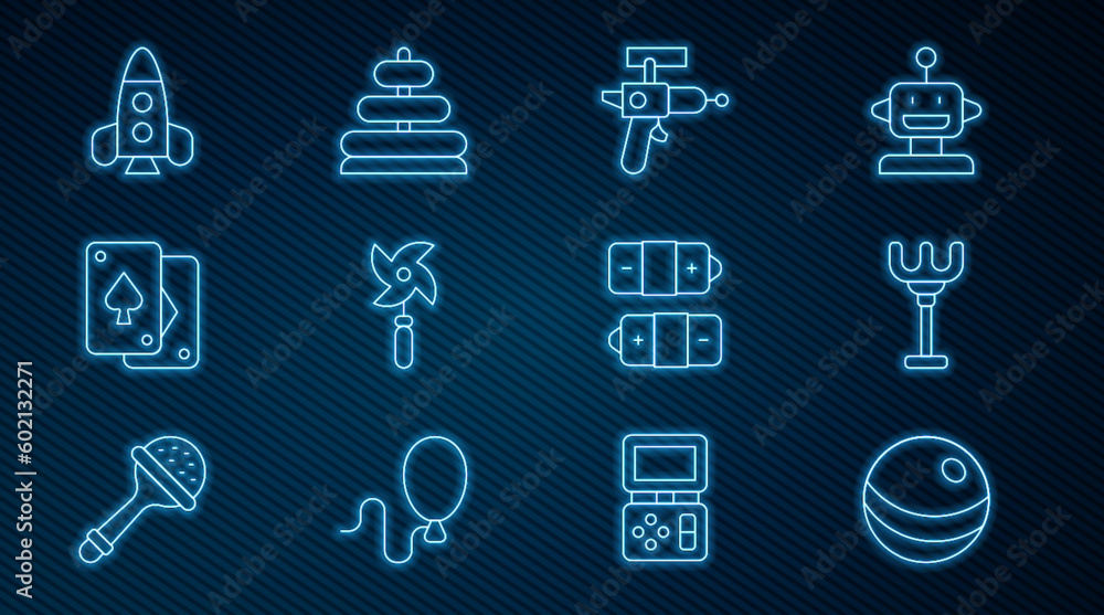 Set line Beach ball, Rake toy, Ray gun, Pinwheel, Playing cards, Rocket ship, Battery and Pyramid icon. Vector Set line Beach ball, Rake toy, Ray gun, Pinwheel, Playing cards, Rocket ship, Battery and Pyramid icon. Vector