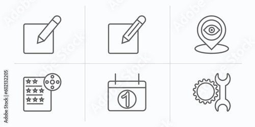 user interface outline icons set. thin line icons such as editor, compose, tracking, film list, first date, work tools vector.