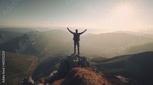Generative View of Success: Young Man Raising Arms in Celebration on Mountain Top. Generative AI