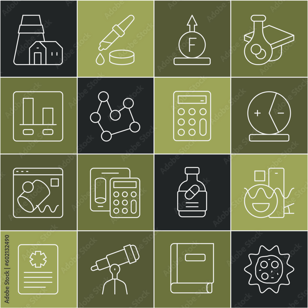 Set line Virus, Basic geometric shapes, Atom, Force of physic formula, Chemical, Graph chart infographic, Power station plant and Calculator icon. Vector Set line Virus, Basic geometric shapes, Atom, Force of physic formula, Chemical, Graph chart infographic, Power station plant and Calculator icon. Vector