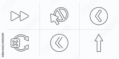 user interface outline icons set. thin line icons such as forward button, forbidden cursor, round left button, no tittling, double arrows, pointing up arrow vector.