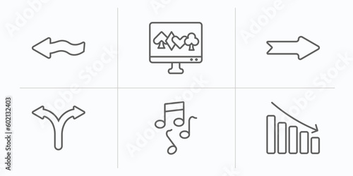 user interface outline icons set. thin line icons such as squiggly arrow, online gambling, right drawn arrow, bifurcation, musical, reduce vector.