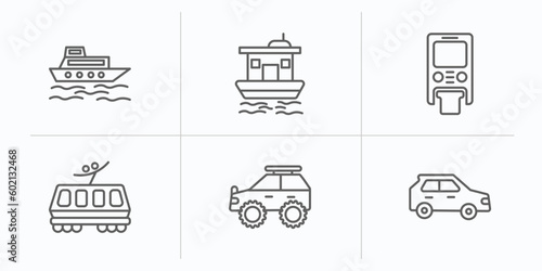 transportation outline icons set. thin line icons such as ferry boat, houseboat, monorail, light rail, all terrain, hatchback vector.