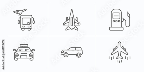 transportation outline icons set. thin line icons such as airport shuttle, military airplane, fuel dispenser, sports car, suv, airliner vector.