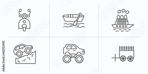 transportation outline icons set. thin line icons such as scooter front view, dugout canoe, icebreaker ship, off road, monster truck, oxcart vector.