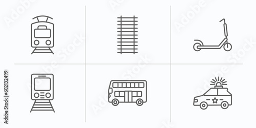 transportation outline icons set. thin line icons such as tram, railway line, kick scooter, metro, double decker bus, police car vector.