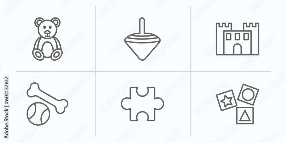 toys outline icons set. thin line icons such as teddy bear toy, spinning top toy, bouncy castle toy, puppy puzzle cubes vector. toys outline icons set. thin line icons such as teddy bear toy, spinning top toy, bouncy castle toy, puppy puzzle cubes vector.