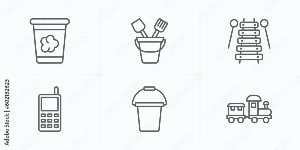 toys outline icons set. thin line icons such as dough toy, sand bucket toy, xylophone toy, phone bucket train vector. toys outline icons set. thin line icons such as dough toy, sand bucket toy, xylophone toy, phone bucket train vector.