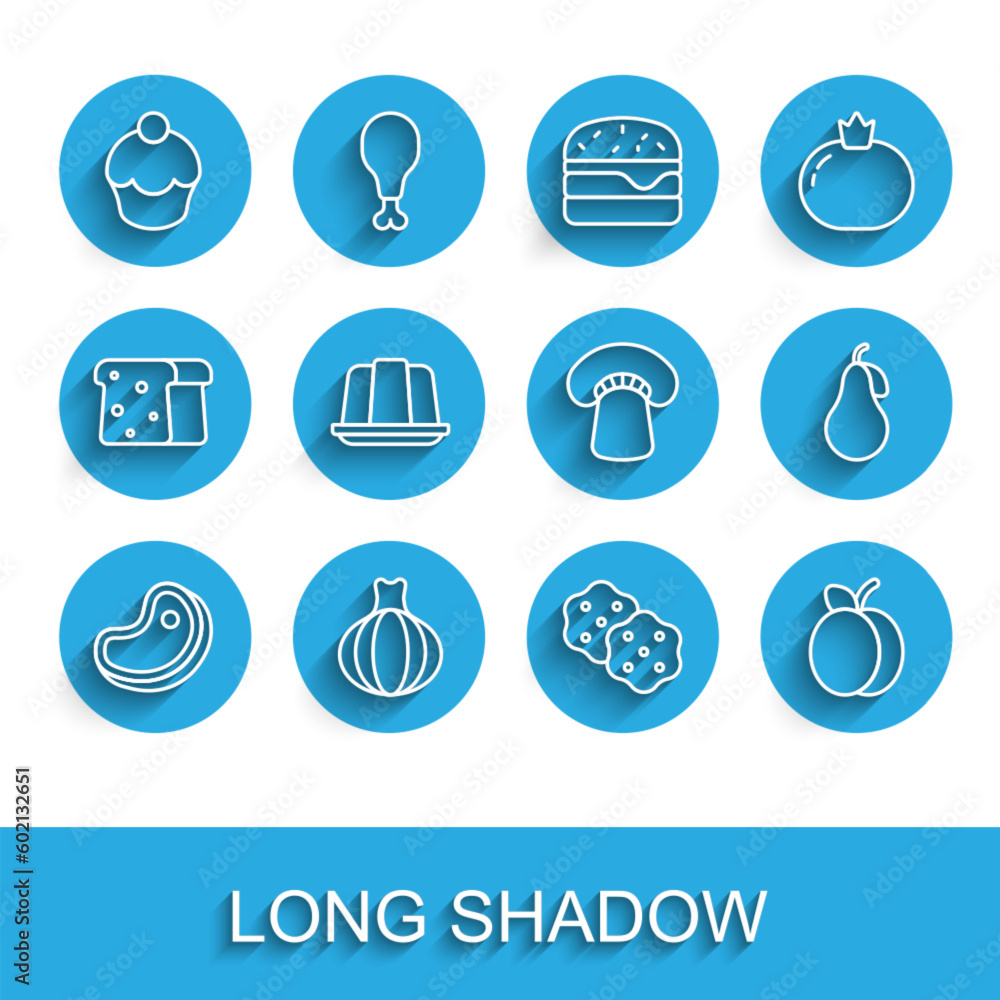 Set line Steak meat, Onion, Muffin, Cracker biscuit, Plum fruit, Jelly cake, Pear and Mushroom icon. Vector Set line Steak meat, Onion, Muffin, Cracker biscuit, Plum fruit, Jelly cake, Pear and Mushroom icon. Vector