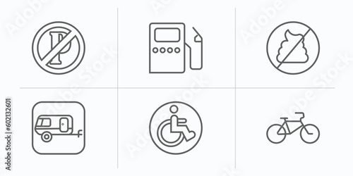 traffic signs outline icons set. thin line icons such as no parking, gas station, no pooping, caravan, handicap, bicycle vector.