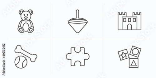 toys outline icons set. thin line icons such as teddy bear toy, spinning top toy, bouncy castle toy, puppy puzzle cubes vector.
