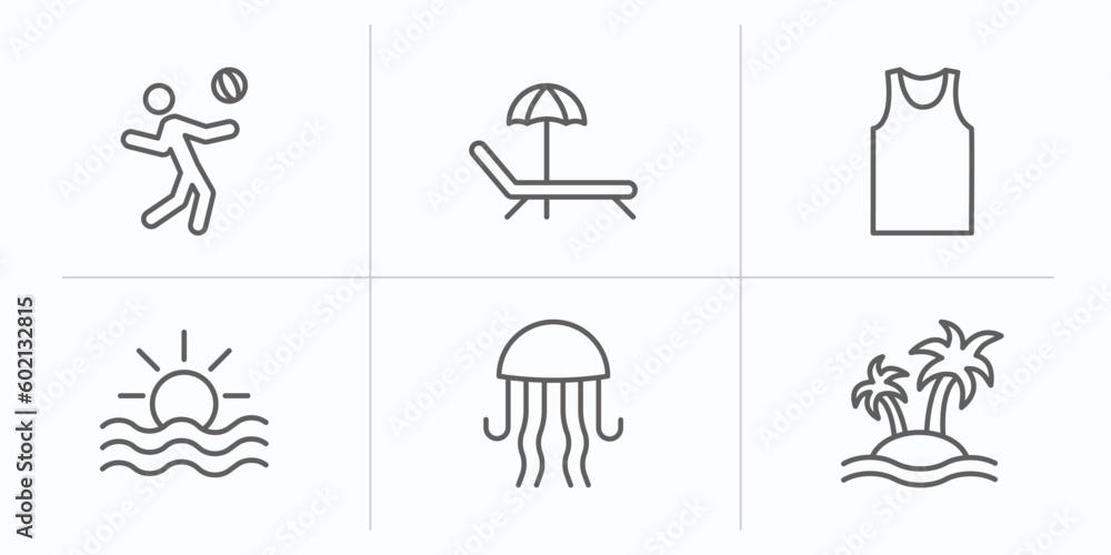 summer outline icons set. thin line icons such as beach volleyball, sunbed, sleeveless, ocean, jellyfish, island vector. summer outline icons set. thin line icons such as beach volleyball, sunbed, sleeveless, ocean, jellyfish, island vector.