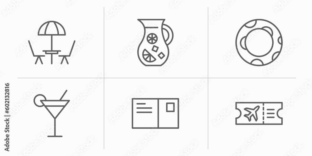 summer outline icons set. thin line icons such as terrace, sangria, rubber ring, bar, postcard, plane ticket vector. summer outline icons set. thin line icons such as terrace, sangria, rubber ring, bar, postcard, plane ticket vector.