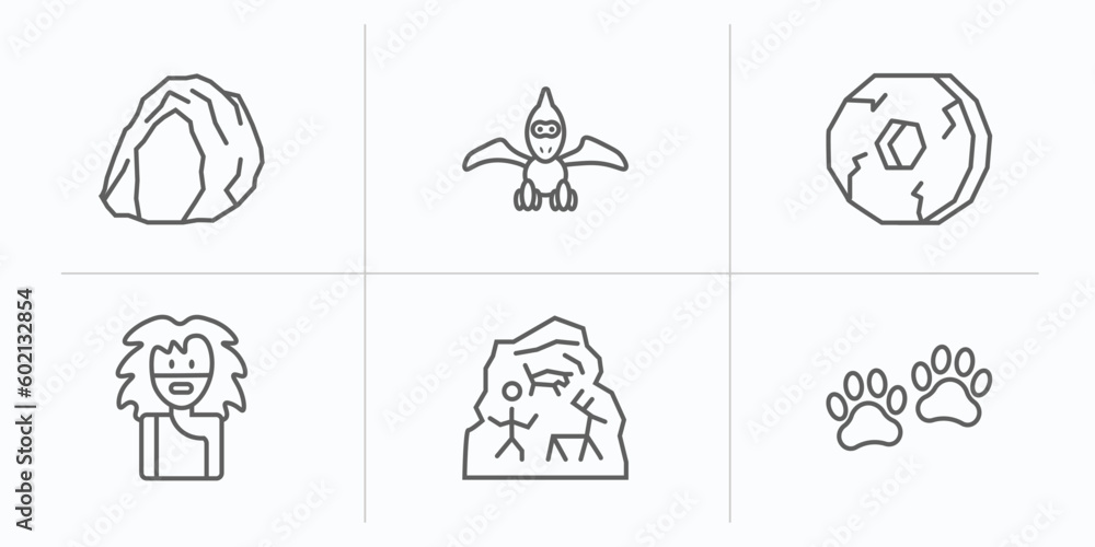 stone age outline icons set. thin line icons such as cave, pterodactyl, wheel, troglodyte, cave painting, paw print vector. stone age outline icons set. thin line icons such as cave, pterodactyl, wheel, troglodyte, cave painting, paw print vector.
