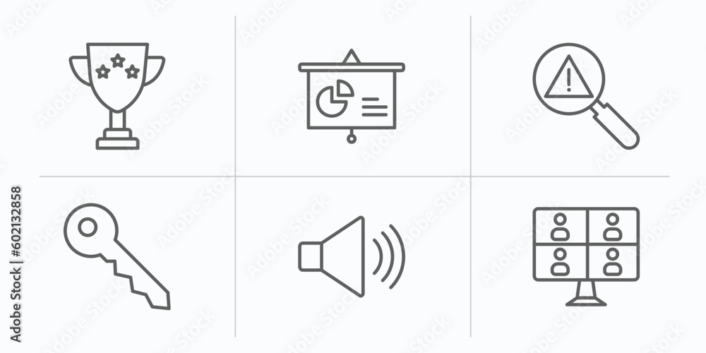 strategy outline icons set. thin line icons such as winner, presentation, risk, key, speaker, video conference vector. strategy outline icons set. thin line icons such as winner, presentation, risk, key, speaker, video conference vector.