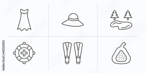 summer outline icons set. thin line icons such as dress, pamela hat, lake, lifeguard, flippers, fig vector.