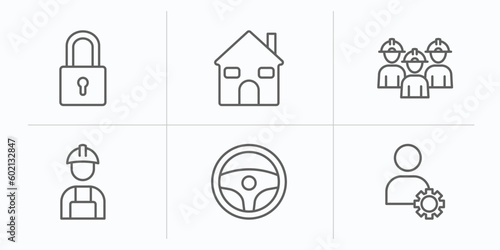strategy outline icons set. thin line icons such as padlock, house, workers, worker, steering wheel, admin vector. © IconArt