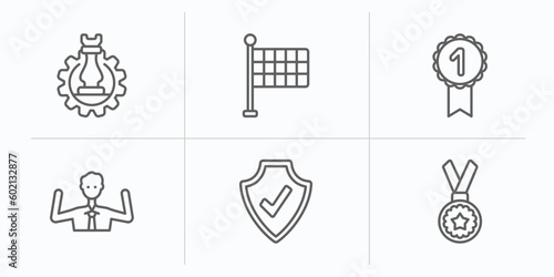 startup stategy and outline icons set. thin line icons such as strategy management, finish flag, first, happiness, validate, gold medal vector.
