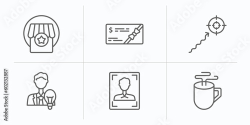 startup stategy and outline icons set. thin line icons such as franchise, gift voucher, purpose, entrepreneur, humanpictos, coffee break vector.
