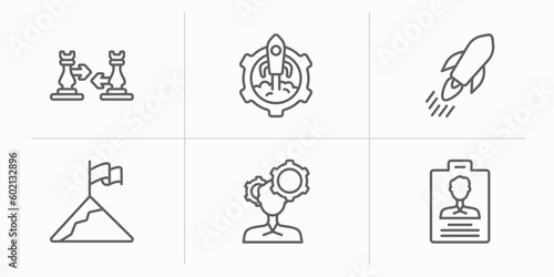 startup stategy and outline icons set. thin line icons such as fight, management, quick, overcome, strategy thought, identity vector.