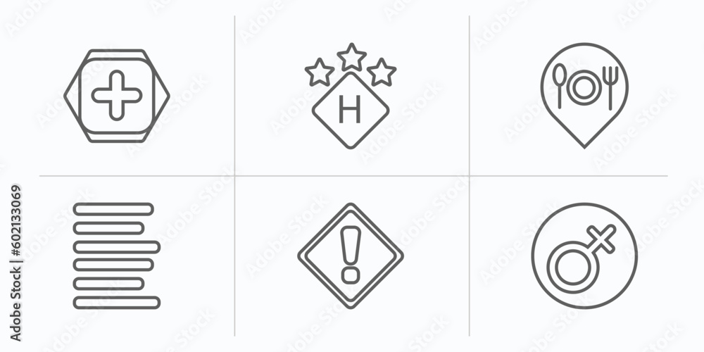 signs outline icons set. thin line icons such as addition thick, round hotel, restaurant, align left, exclamation, femenine vector. signs outline icons set. thin line icons such as addition thick, round hotel, restaurant, align left, exclamation, femenine vector.