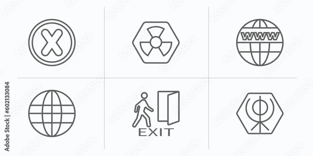 signs outline icons set. thin line icons such as cross, radioactive warning, internet, world grid, emergency exit, khanda vector.