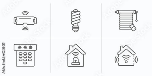 smart home outline icons set. thin line icons such as vr technology, illumination, jalousie automation, dial, alarm system, home automation vector.