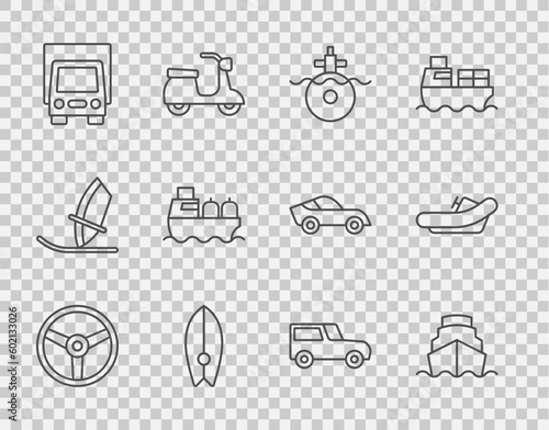 Set line Steering wheel, Cruise ship, Submarine, Surfboard, Delivery cargo truck, Oil tanker, Car and Rafting boat icon. Vector