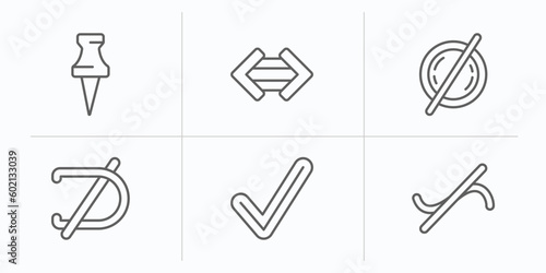 signs outline icons set. thin line icons such as pinned  maths  empty  is not a sub  check point  not similar vector.