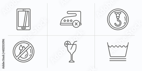 signs outline icons set. thin line icons such as smarthphone, no ironing, hoist, no water, drinks, washing vector.