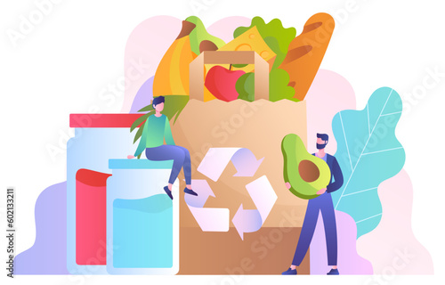 Zero waste life. Man and woman with natural and organic products near package of recycled materials. Caring for nature and environment. Eco friendly package. Cartoon flat vector illustration