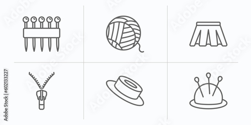 sew outline icons set. thin line icons such as of pins, yarn, pleat, slide fastener, grommet, pincushion vector.