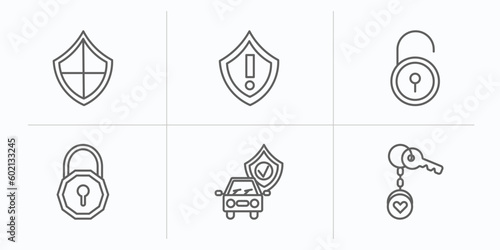 security outline icons set. thin line icons such as checkered shield, security warning, padlock close, padlock unlocked, safety car, key chain vector.