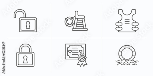 security outline icons set. thin line icons such as unlocked padlock, lifeguard chair, bullet proof vest, locked padlock, marriage certificate, float vector.