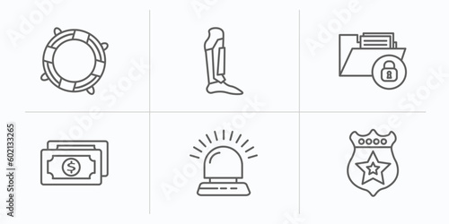security outline icons set. thin line icons such as lifesaving, leg protector, lock folder, two dollar bills, flasher, police shield vector.