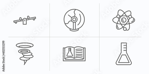 science outline icons set. thin line icons such as seesaw, plasma ball, atoms, vortex, science book, flasks vector.