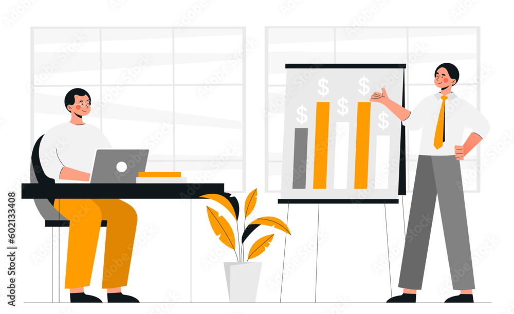 Obraz premium Marketing specialist concept. Men in office analyze graphs and charts. Analysts evaluate expenses and incomes, economic trends. Digital marketing team. Cartoon flat vector illustration