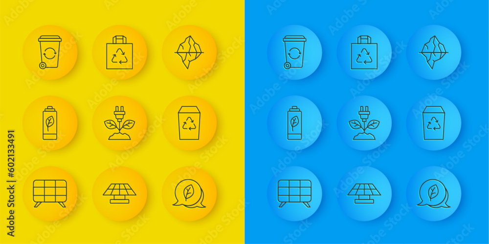 Set line Solar energy panel, Eco nature leaf battery, Electric saving plug in, Leaf symbol, Recycle bin, Iceberg and Shopping bag with recycle icon. Vector Set line Solar energy panel, Eco nature leaf battery, Electric saving plug in, Leaf symbol, Recycle bin, Iceberg and Shopping bag with recycle icon. Vector